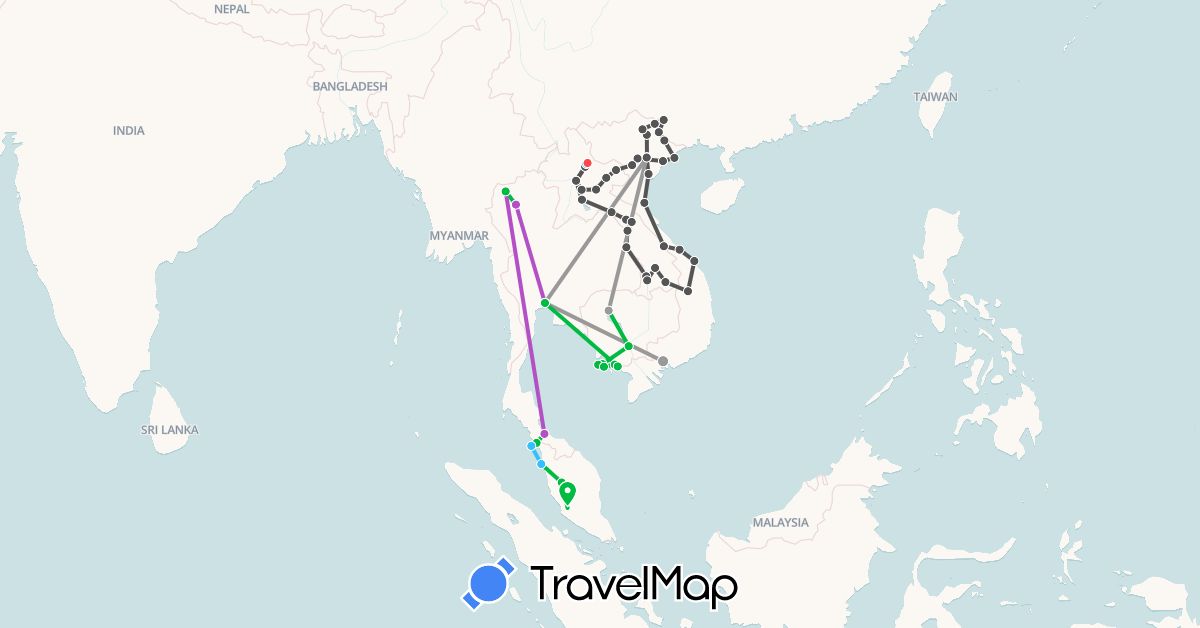 TravelMap itinerary: bus, plane, train, hiking, boat, motorbike in Cambodia, Laos, Malaysia, Thailand, Vietnam (Asia)